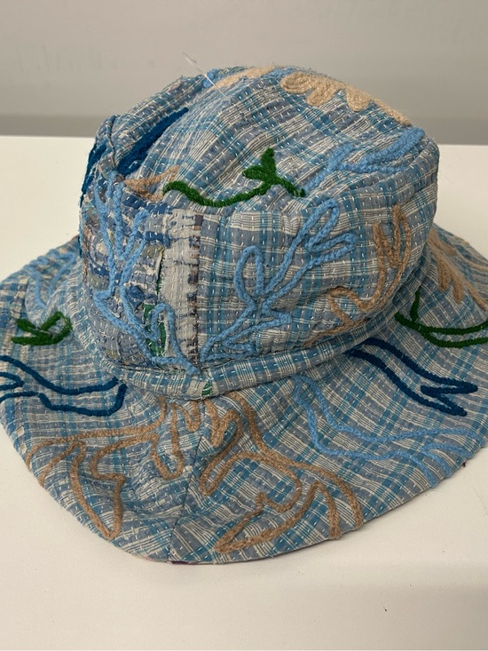 Free People Accessories - Free People Blue Embroidered Vintage Kantha Bucket Hat with Green and Tan Accent